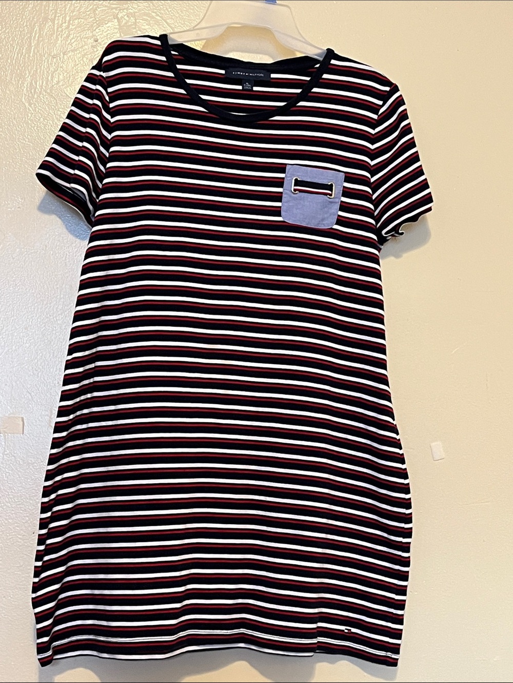 Tommy Hilfiger Black, White and Red Striped Short Sleeve Tee with Chest Pocket